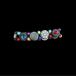 Vintage Boho Stretch Bracelet Multicolor Beads Rhinestones Silver Tone Etched